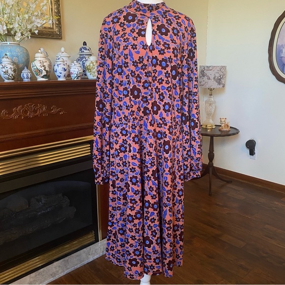 Eloquii 60s Mod Floral Keyhole Mock Neck Midi Dress • Orange Blue Brown Size 20 - Picture 2 of 10